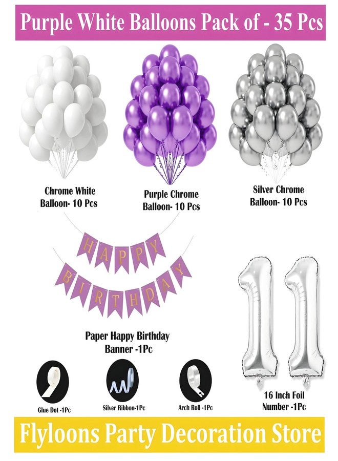 Flyloons 11th Birthday Decoration Items Purple and White Theme Combination for Boys Girls | 30 Pcs Purple White Silver Color Balloons | Purple Happy Birthday Banner | Arch Tape | Glue Dots - Image 2